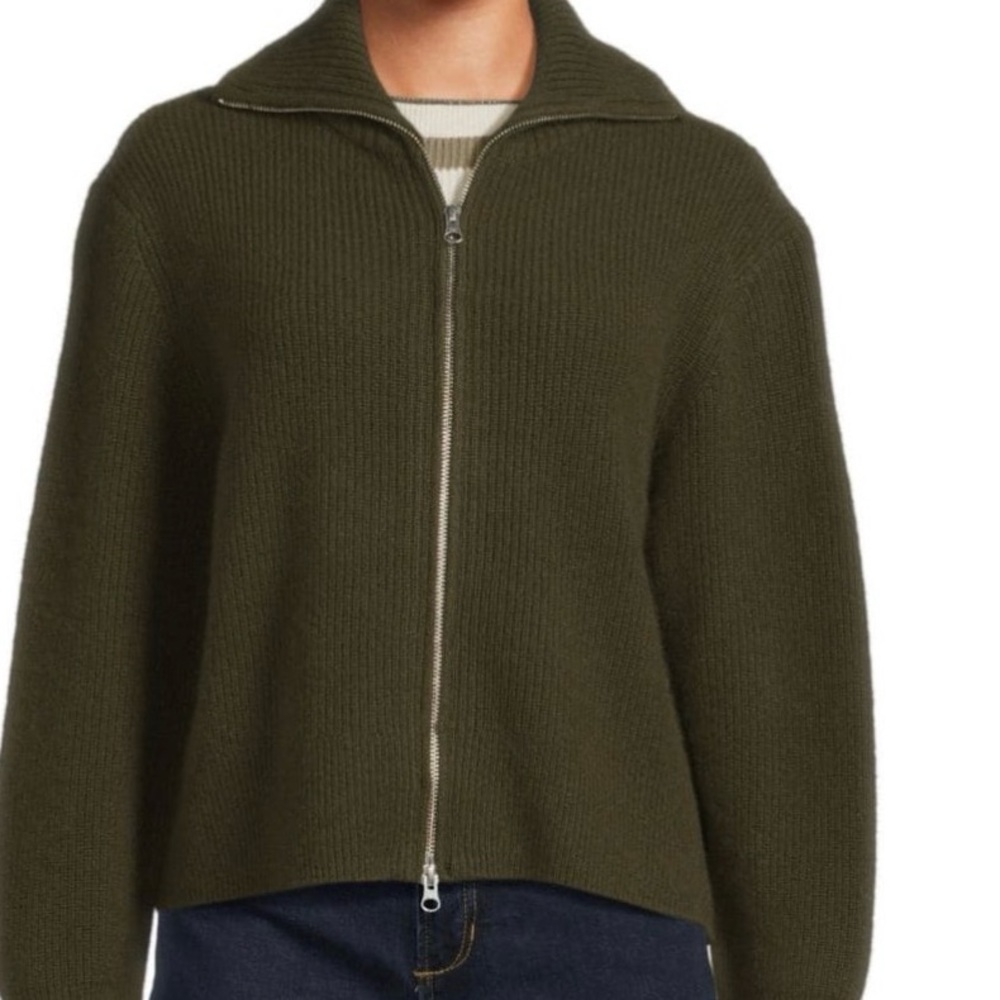 Kokun Full Zip-Up Ribbed Sweater. Dark Green.  100% Cashmere. Size XS.